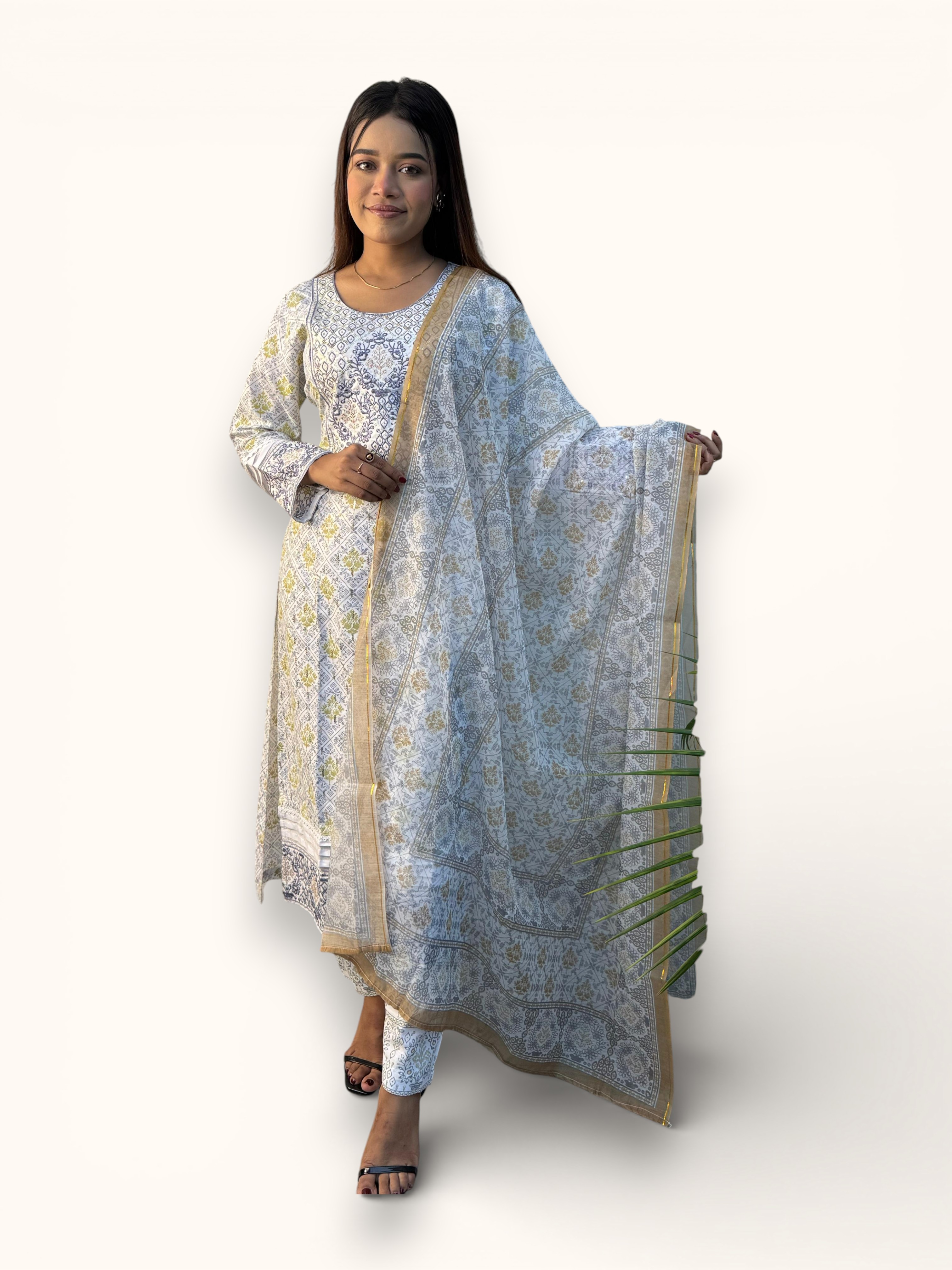 White and Ash Elegant Screen Printed Salwar Kameez with Matching Dupatta