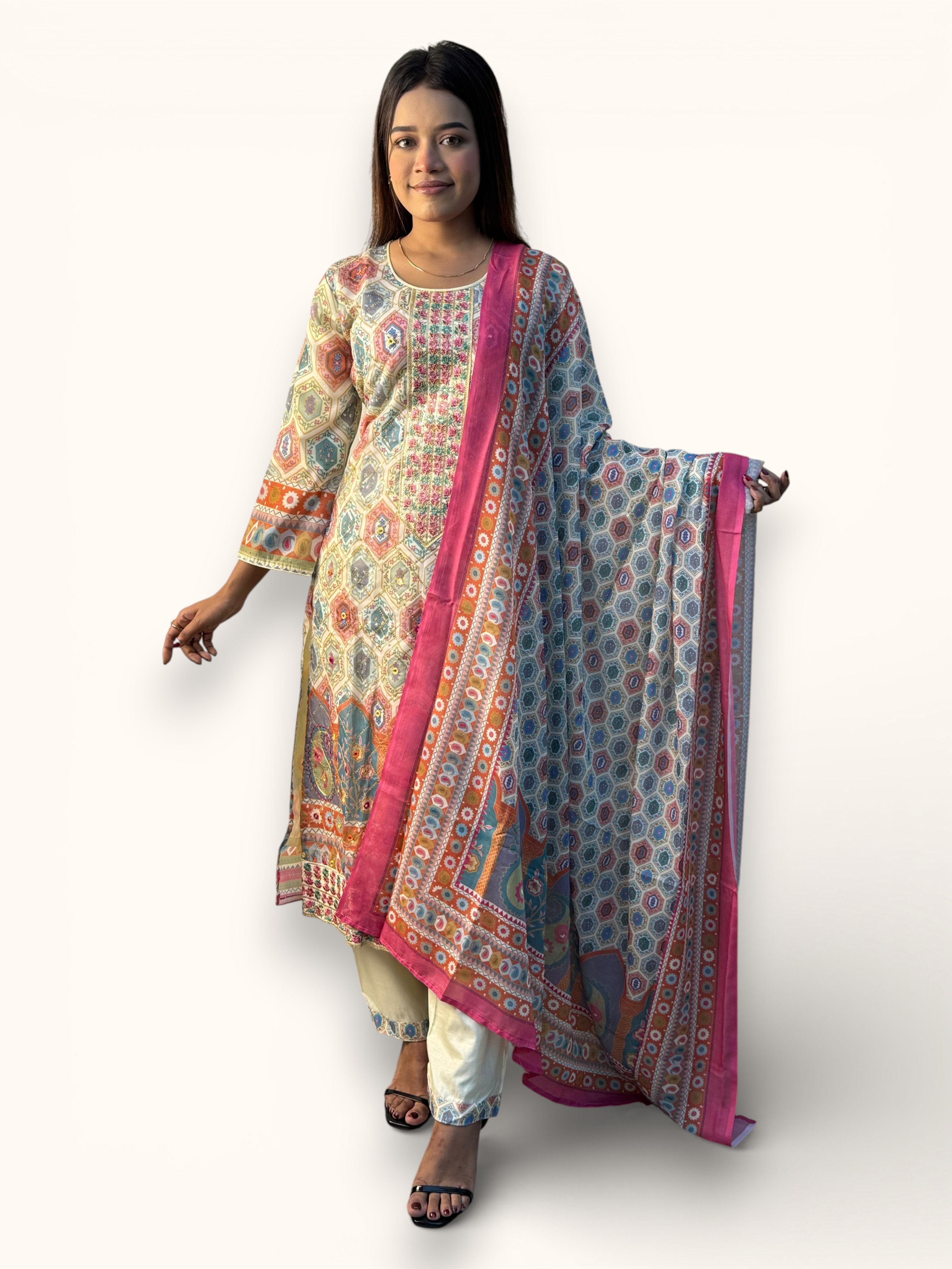Soft Cream Elegant Printed Salwar Kameez with Matching Dupatta