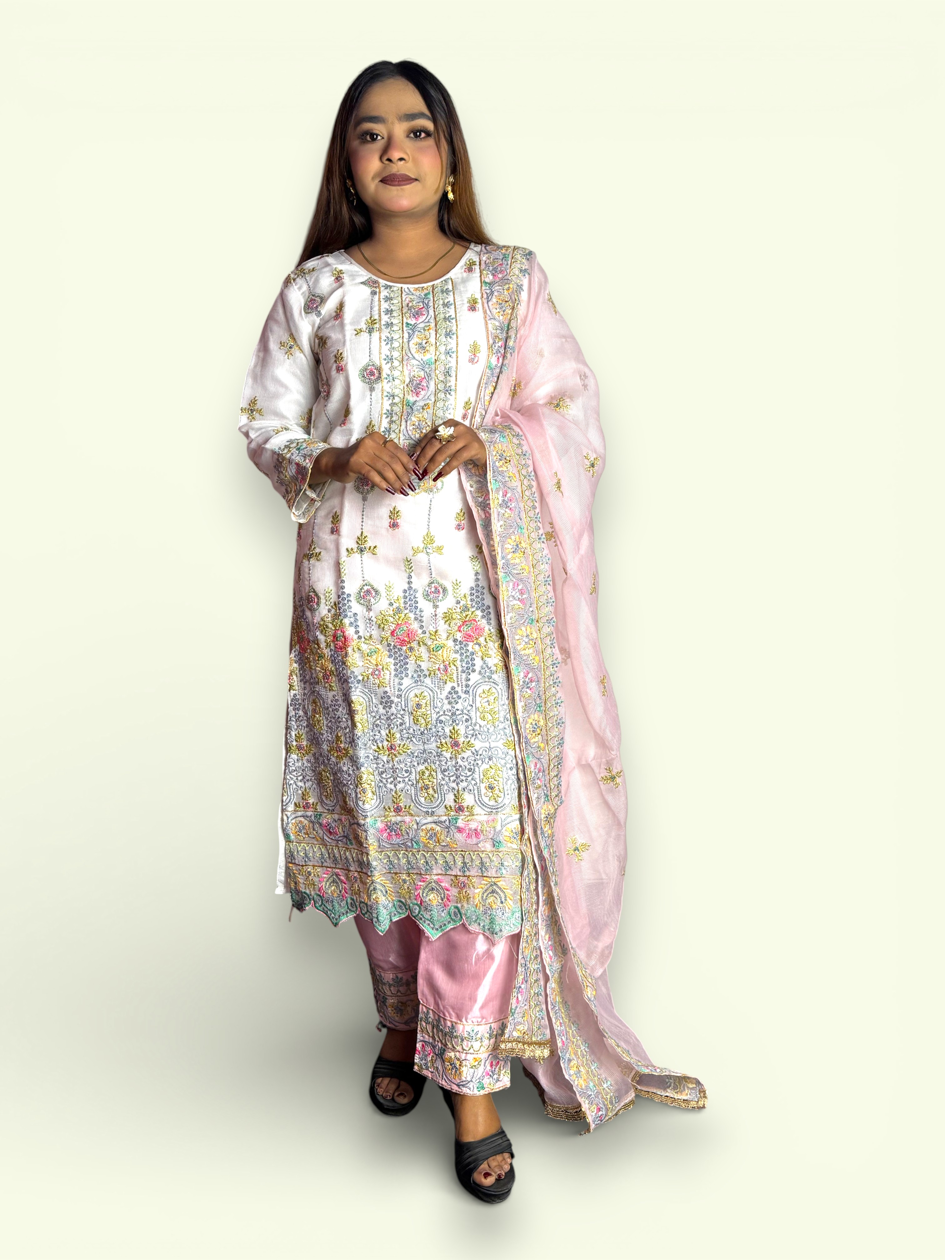 White Kota Febrics With Mechine Embroidery Work Dupatta