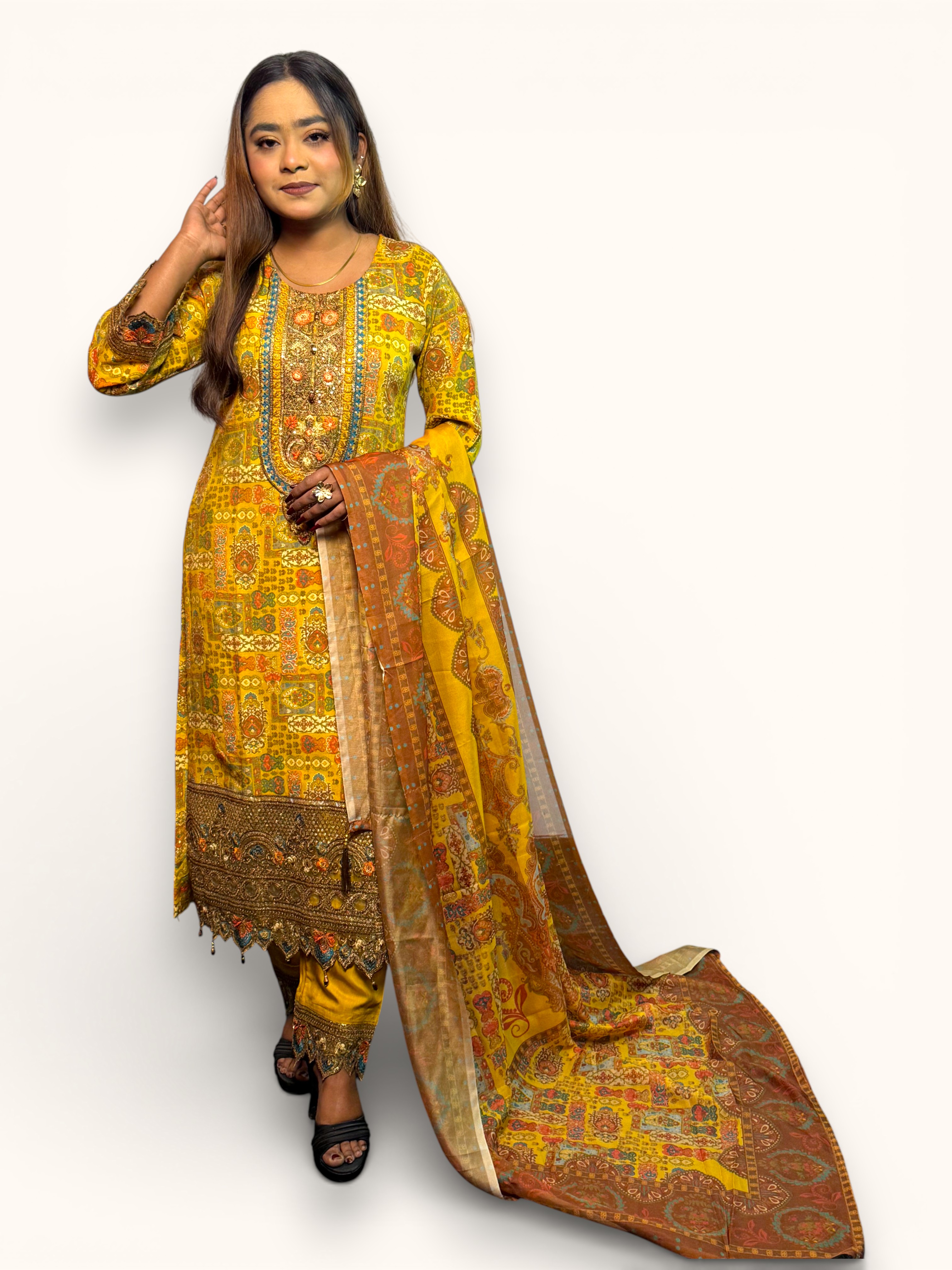 Mustard Yellow Printed Cotton Salwar Kameez Suit
