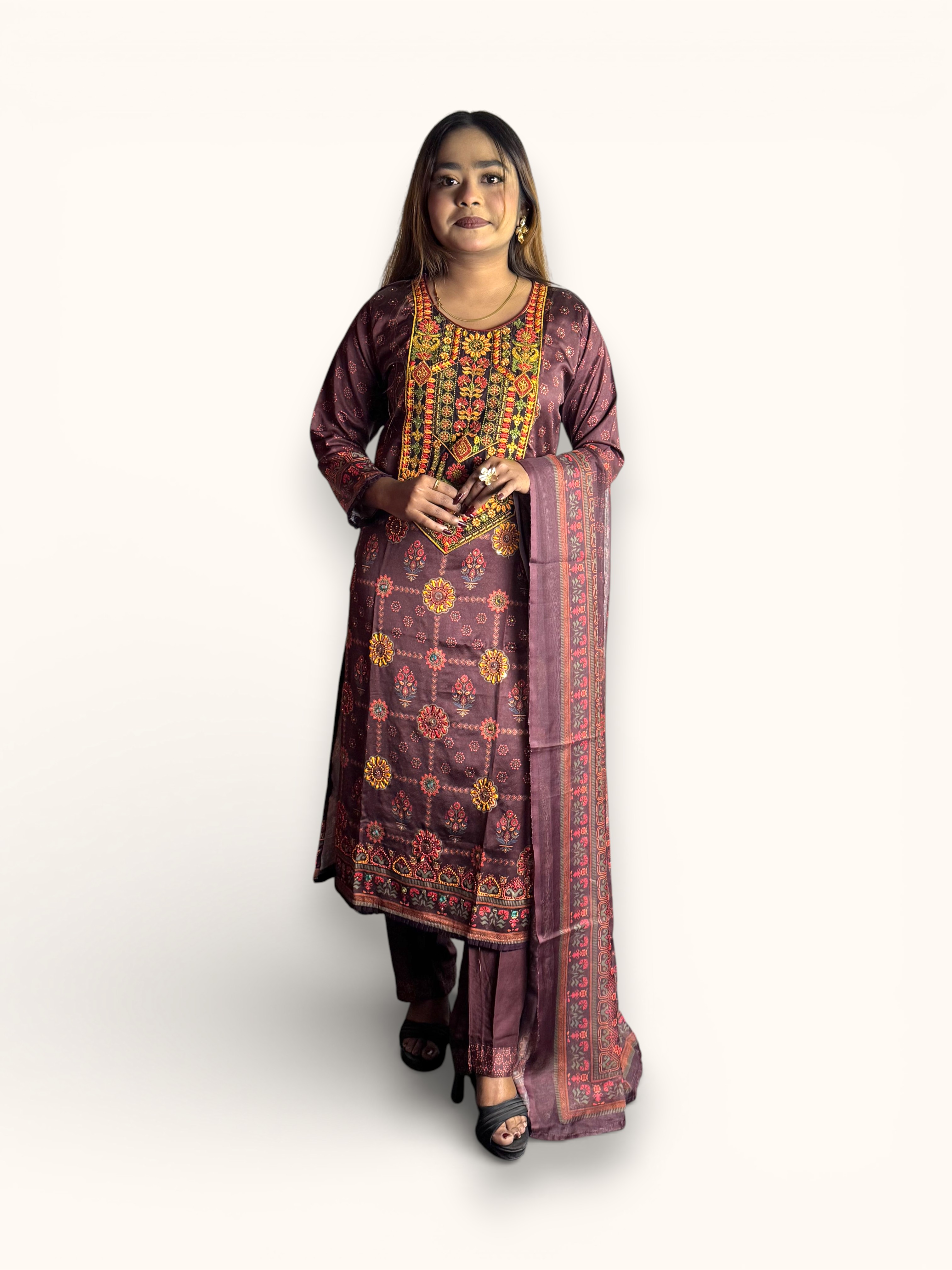 Coffee Brown Floral Resham Embroidered Matching Dopatta