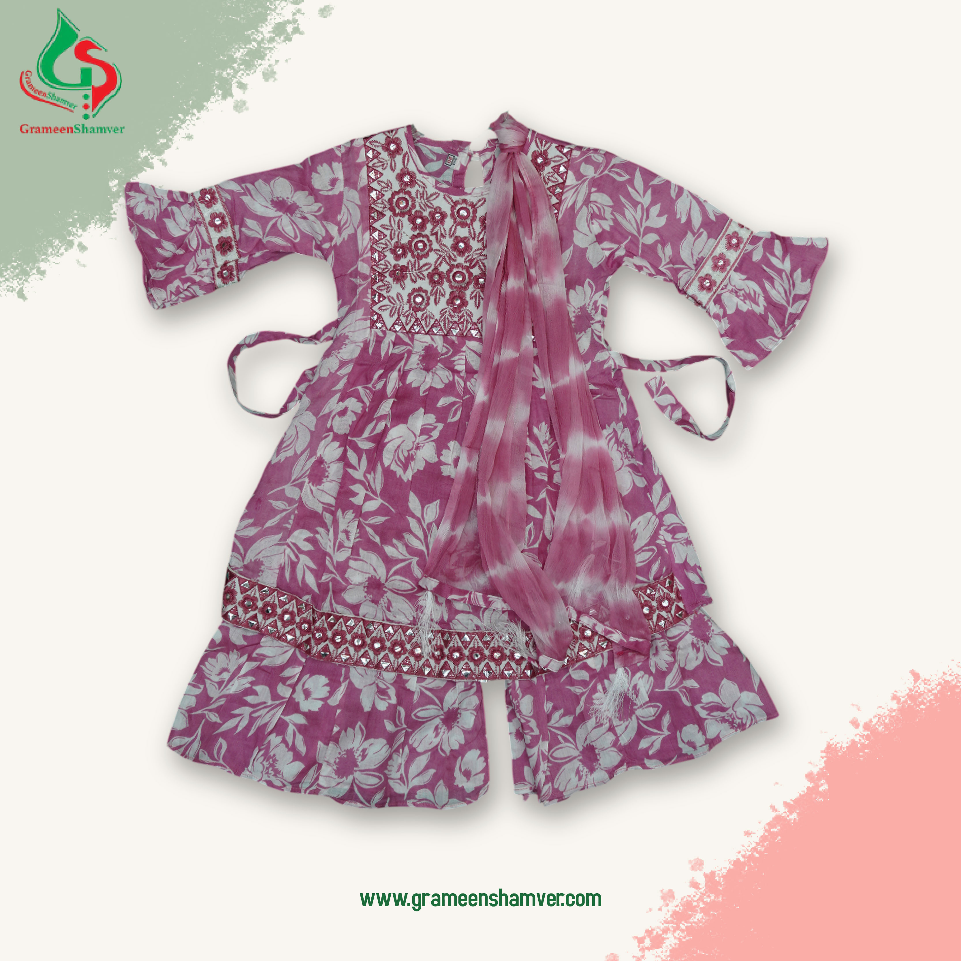 Lite Pink And Flower Printed Embroidery Three Piece