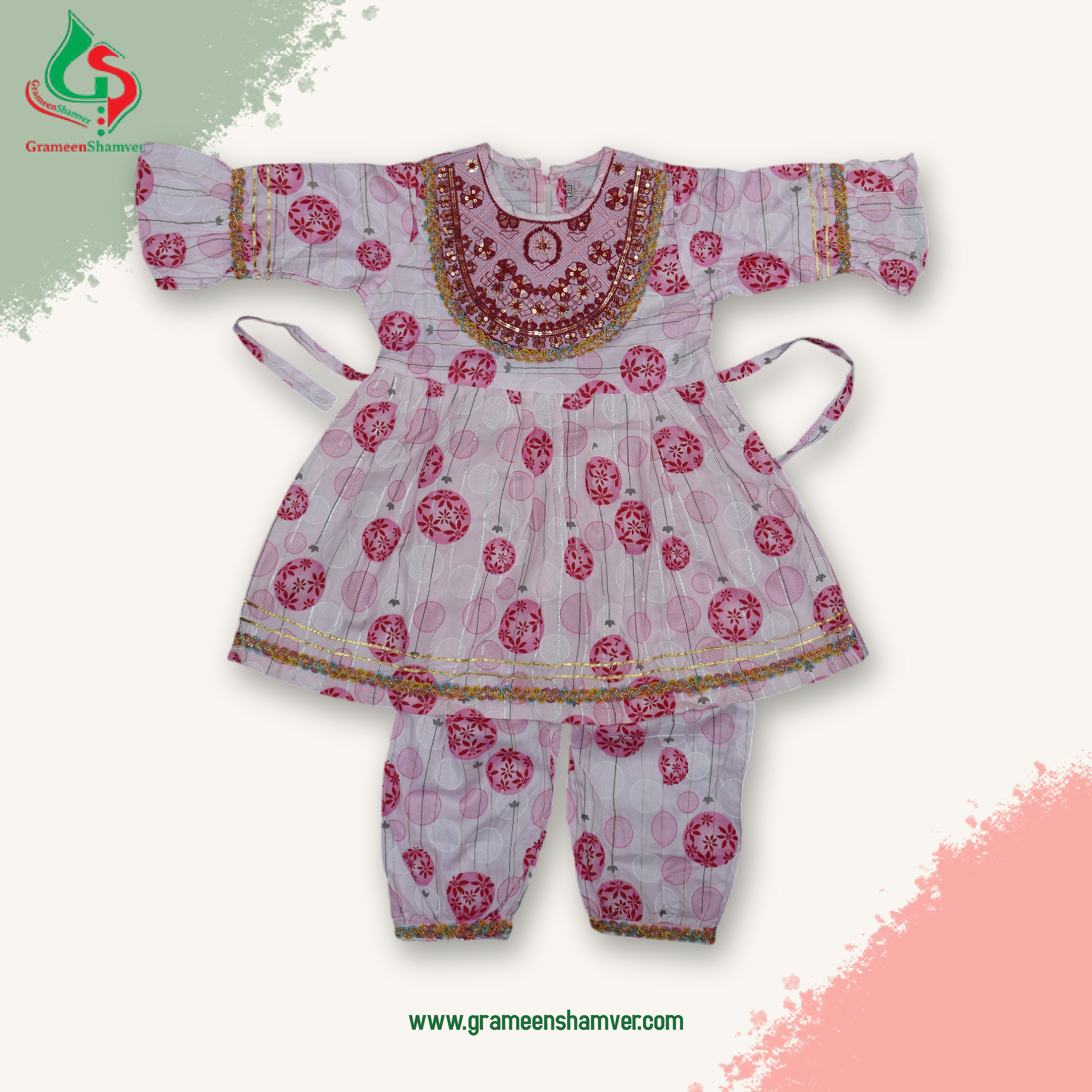 White And Pink Ball Printed Embroidery Two Piece