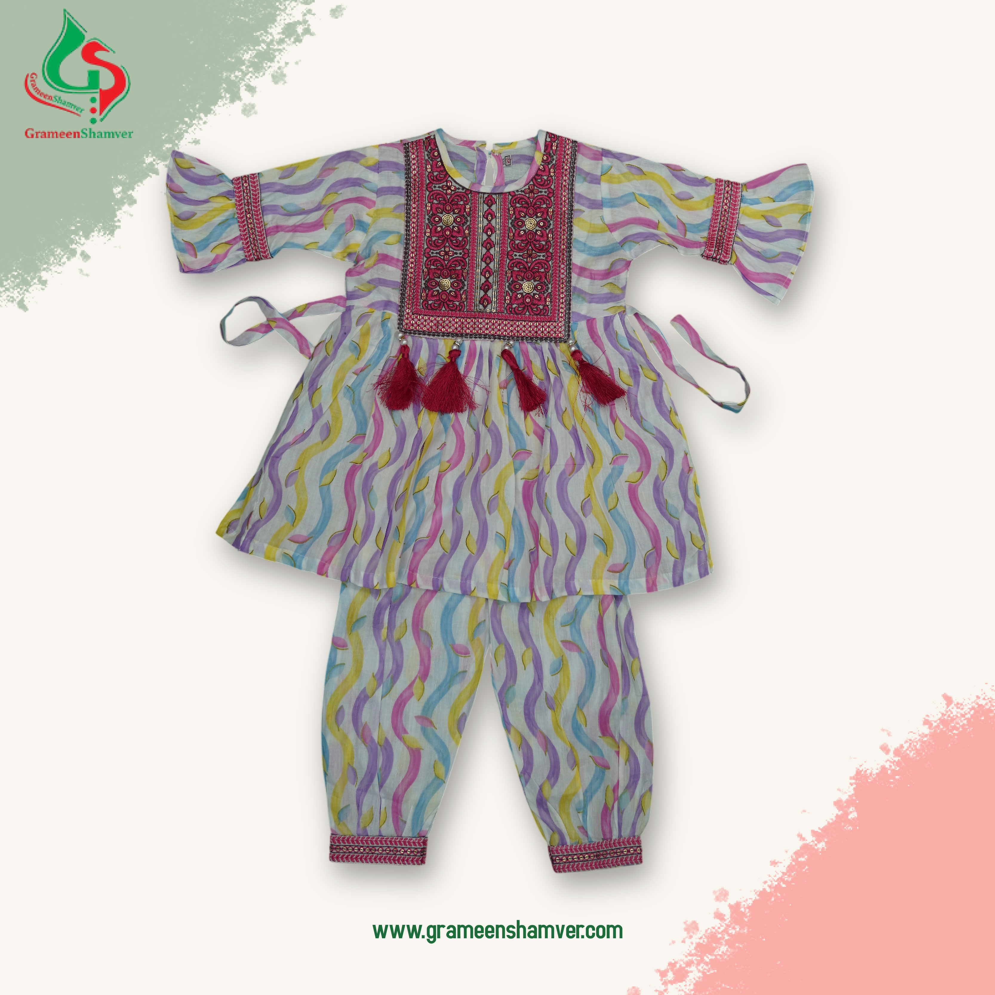 White And Pink Curve Printed Embroidery Two Piece