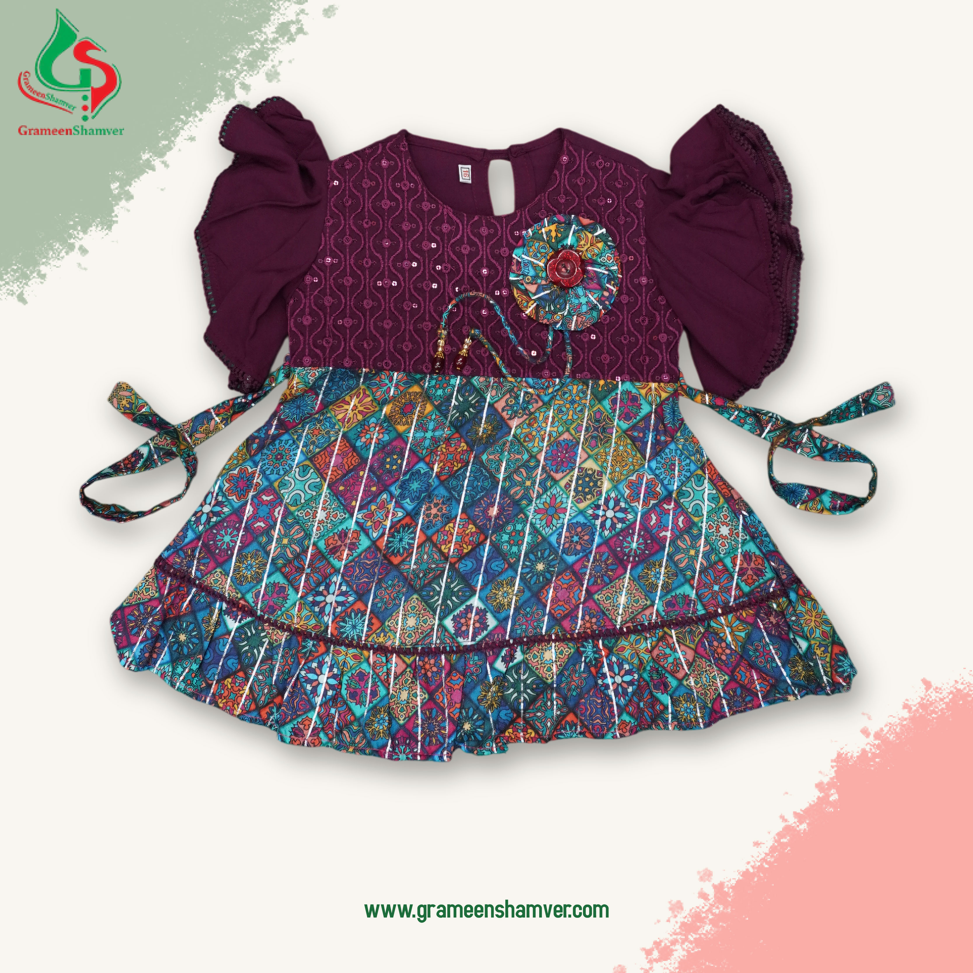 Burgandy And Multi Color Printed Sequins Embroidered Single Frog