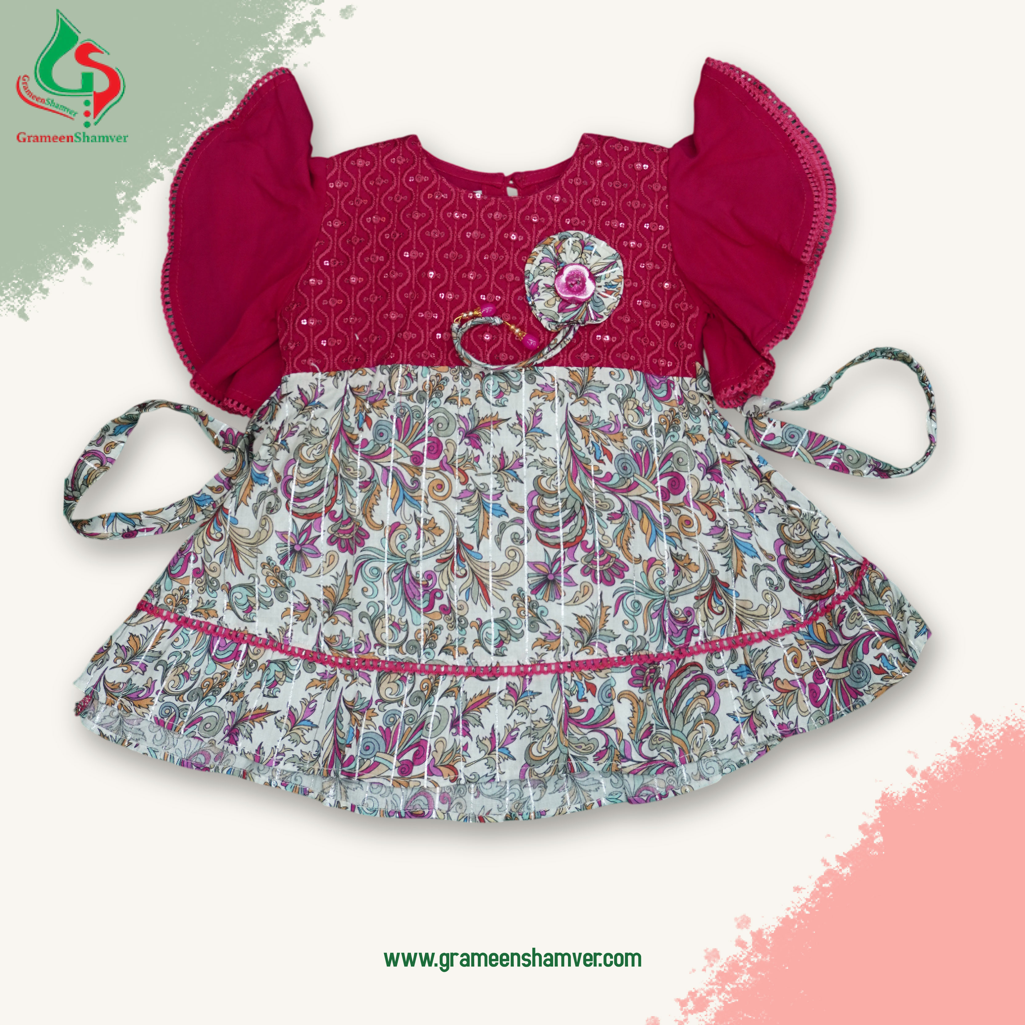 Pink And White Flower Printed Sequins Embroidered Single Frog