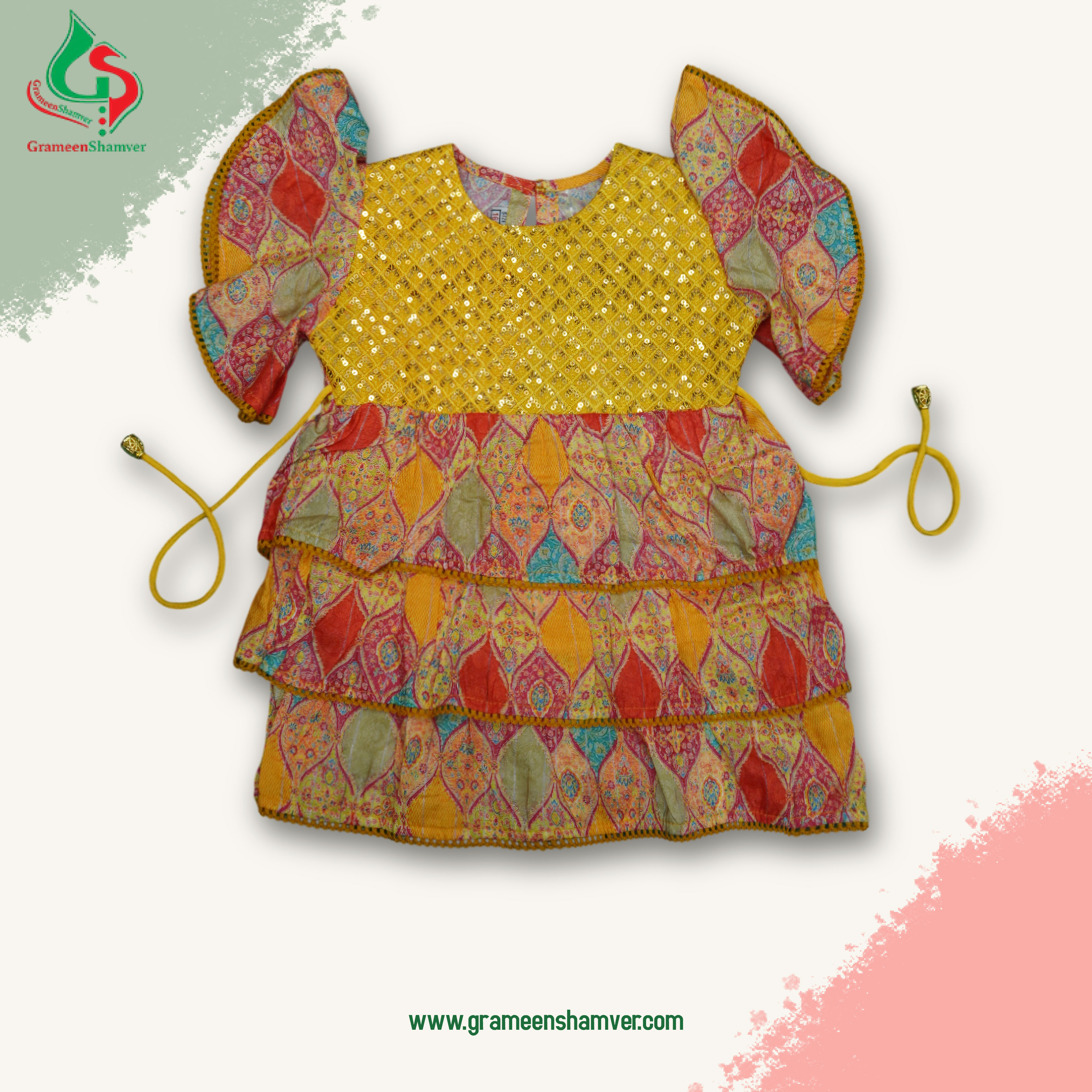 Yellow Printed And Sequins Embroidery Single Frog