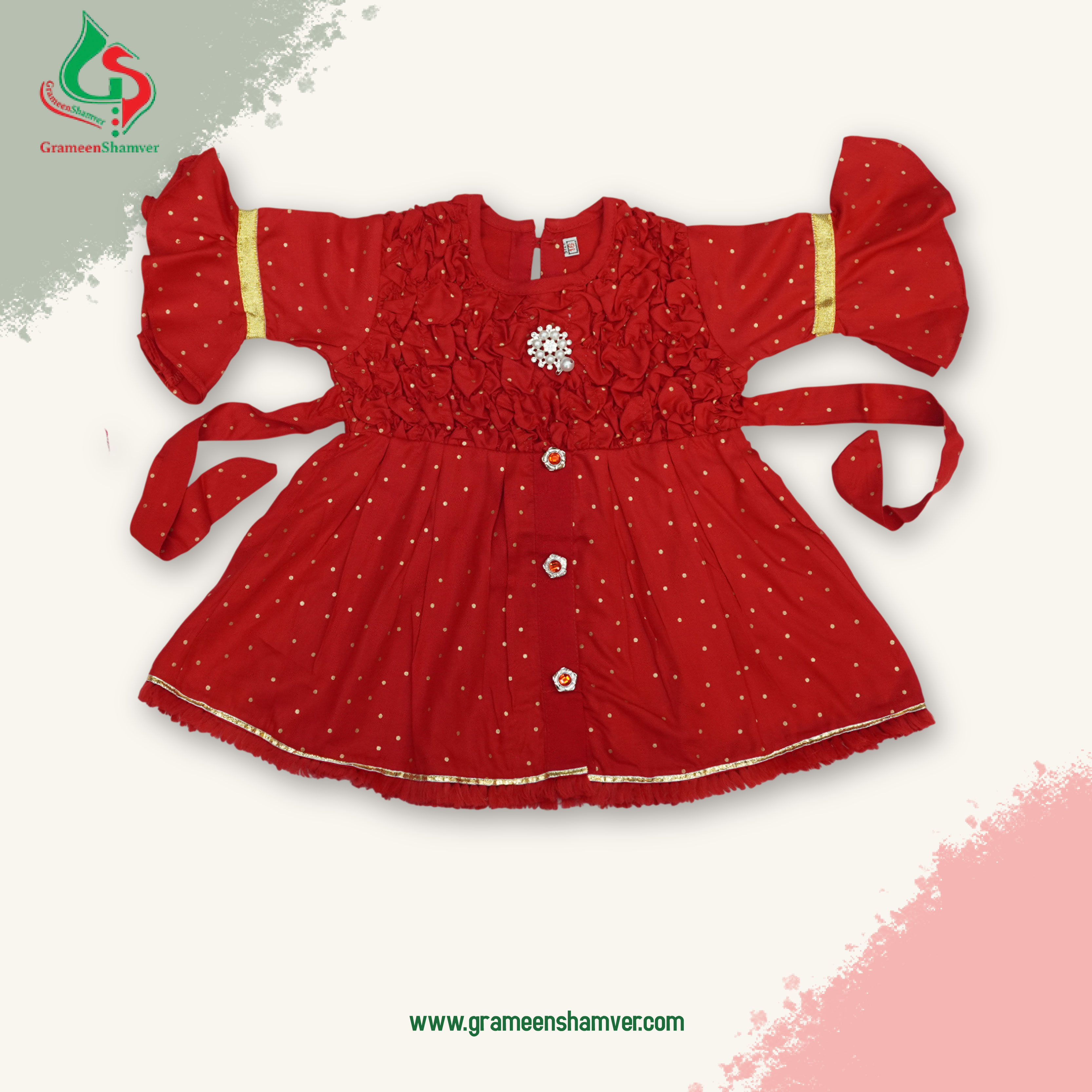 Deep Blood Red With Smocking Work Single Frog